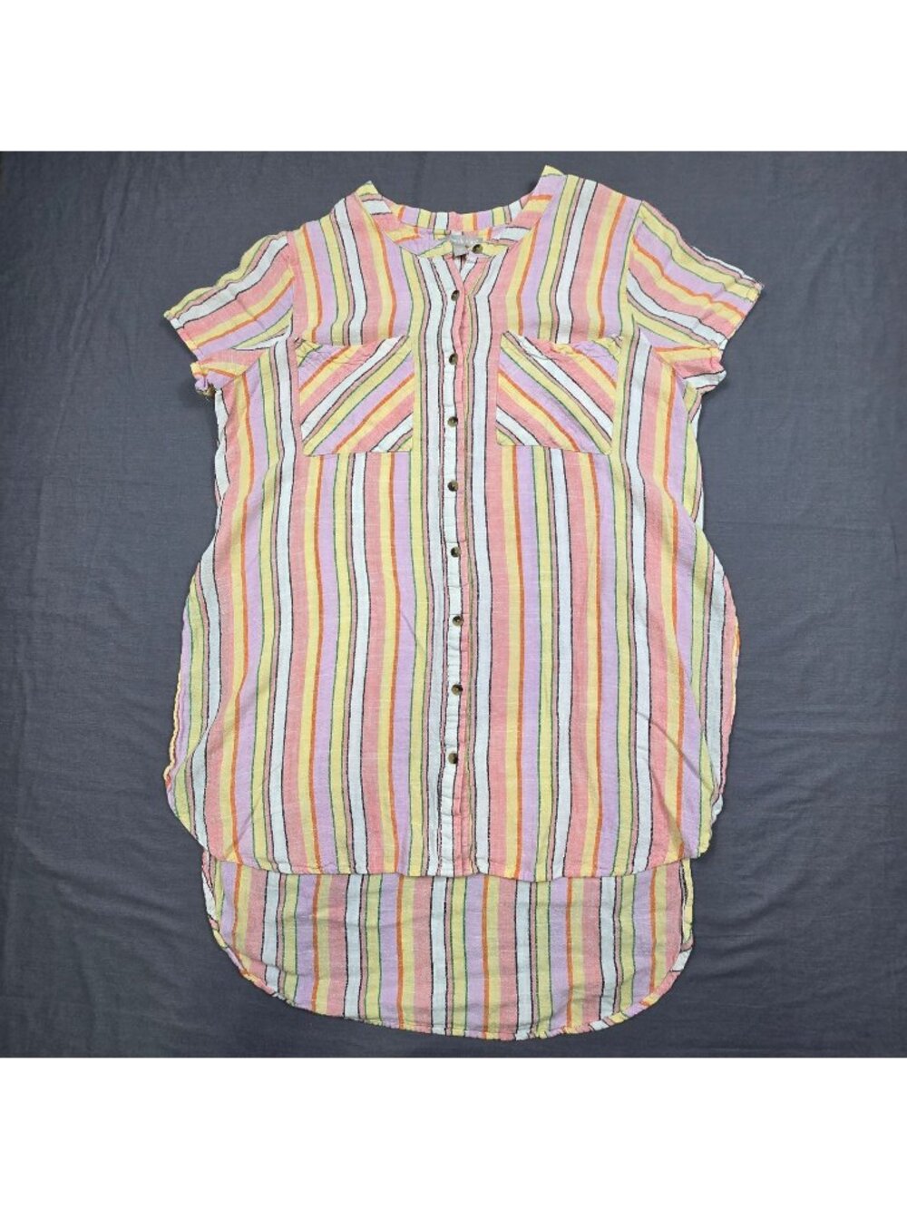 Woman Within 14/16 M Womens Striped Button Down Short Sleeve Shirt Linen Blend